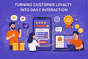Illustration of customer loyalty engagement showing mobile app rewards, gamification features, daily interactions, and users earning points