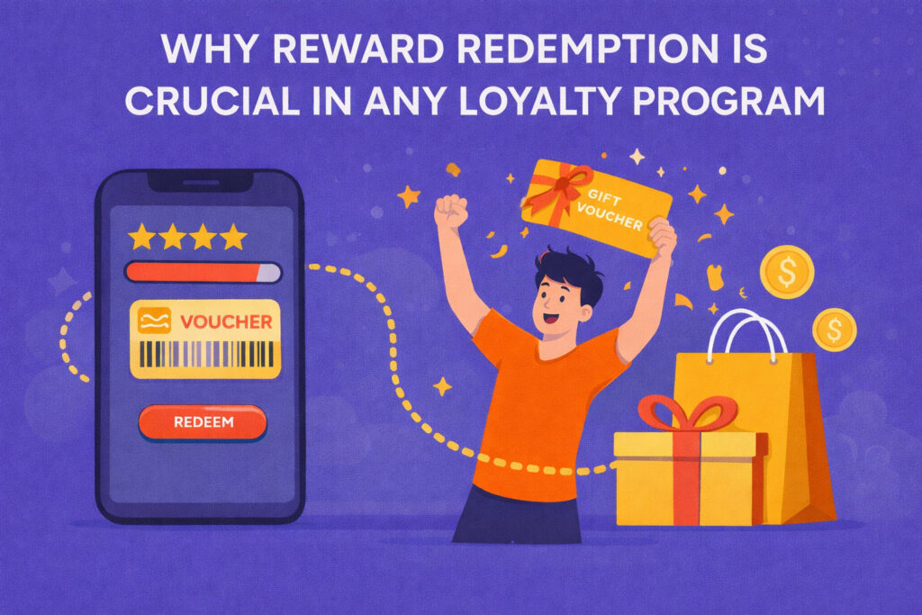 Illustration of reward redemption in a loyalty program showing a mobile app voucher, gift rewards, and a happy customer claiming points