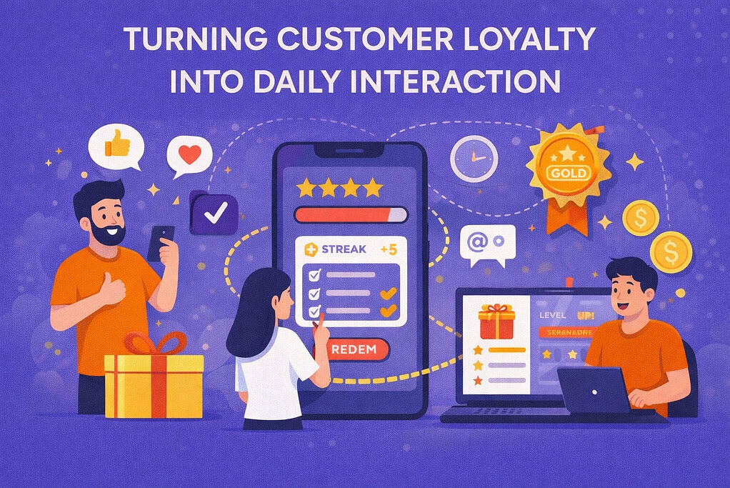 Illustration of customer loyalty engagement showing mobile app rewards, gamification features, daily interactions, and users earning points
