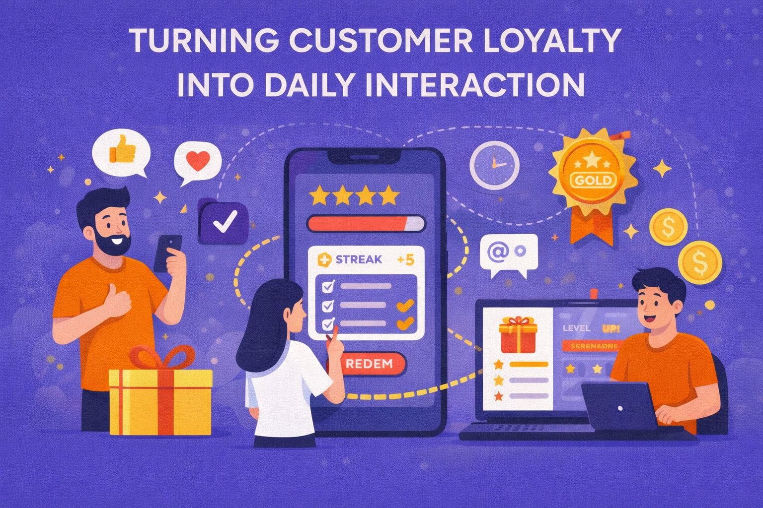 Illustration of customer loyalty engagement showing mobile app rewards, gamification features, daily interactions, and users earning points