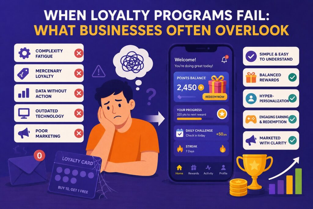 Illustration showing common loyalty program mistakes such as complexity fatigue, outdated technology, and poor marketing beside a successful rewards app strategy