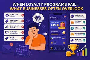 Illustration showing common loyalty program mistakes such as complexity fatigue, outdated technology, and poor marketing beside a successful rewards app strategy
