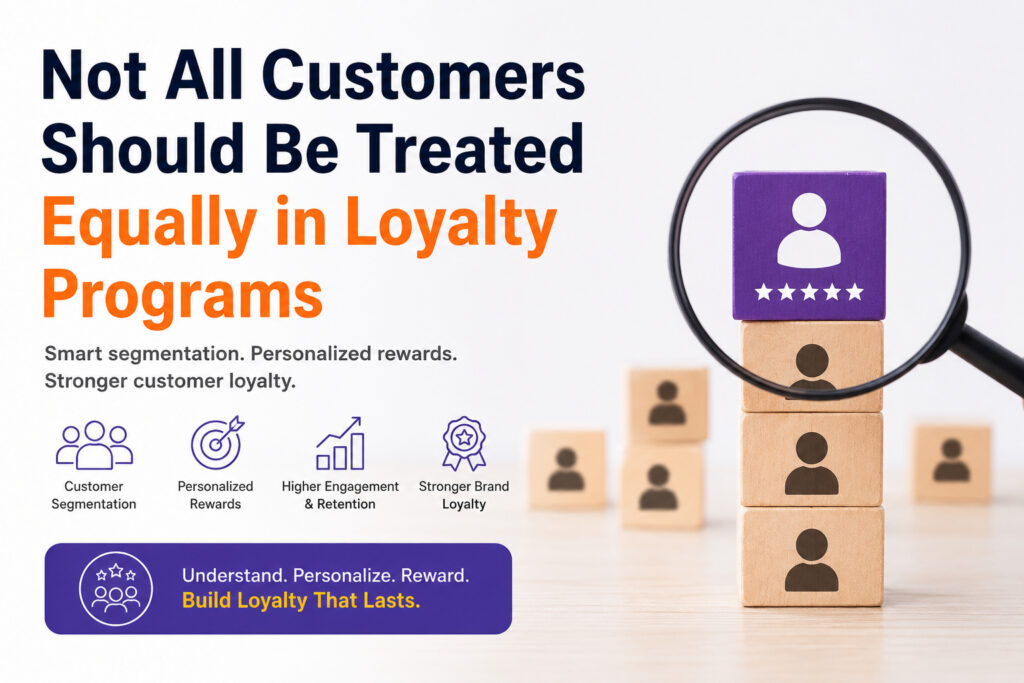 Illustration showing loyalty program segmentation with personalized customer rewards, targeted engagement, and different customer groups for stronger retention
