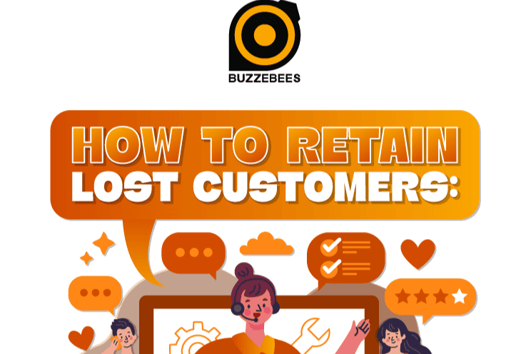 Infographic illustrating how to retain lost customers using personalized rewards, customer segmentation, marketing automation, loyalty program improvements, and trust-building strategies.