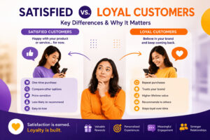 Split comparison illustrating customer loyalty vs customer satisfaction, highlighting the behaviors of satisfied customers and loyal customers and why loyalty drives long-term business growth.